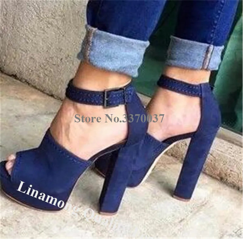 Blue Suede Platform Pumps With Chunky Heel For Women