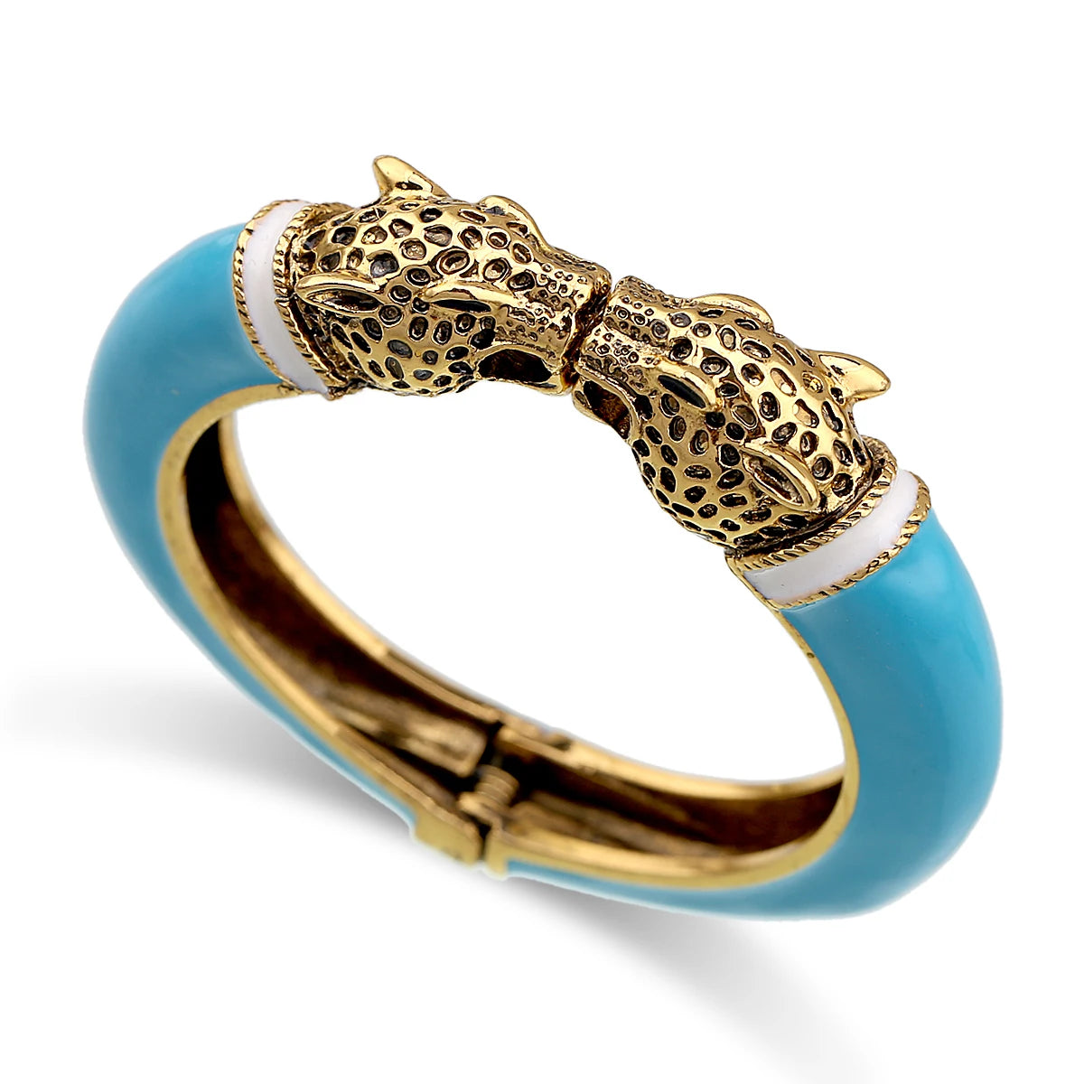 Double Leopard Head Enamel Cuff Bracelet for Women