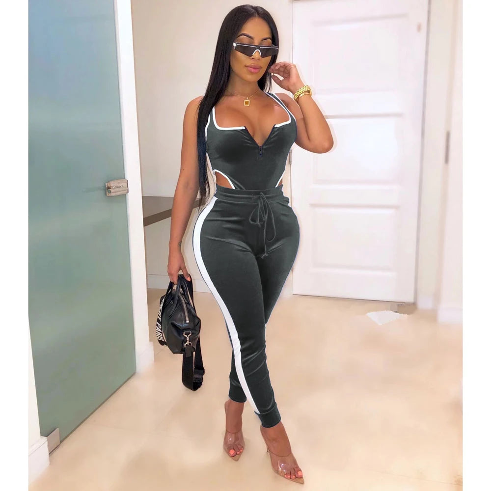 Velvet V-Neck Two Piece Top and Pants Set for Women