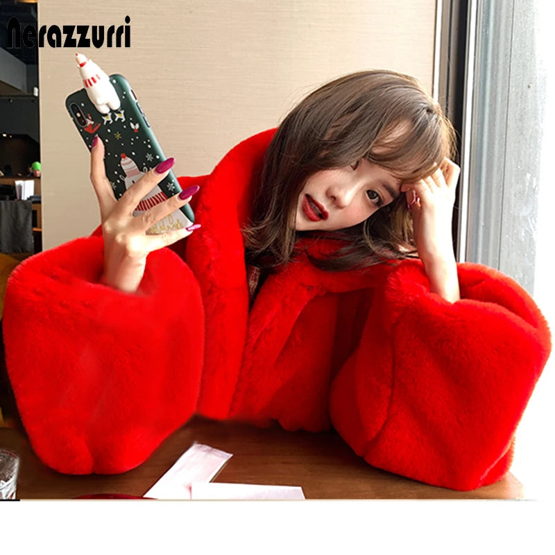 Soft Warm Fluffy Oversized Red Raglan Long Faux Fur Coat for Women