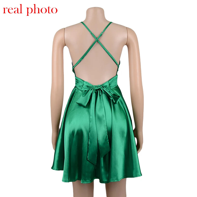 Cryptographic Satin Sexy Backless Sleeveless Party Night Club Wrap Mini Dresses Spaghetti Straps Elegant Dress Solid Vestidos