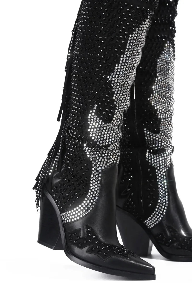 Western Rhinestone Fringe Over The Knee Boots For Women