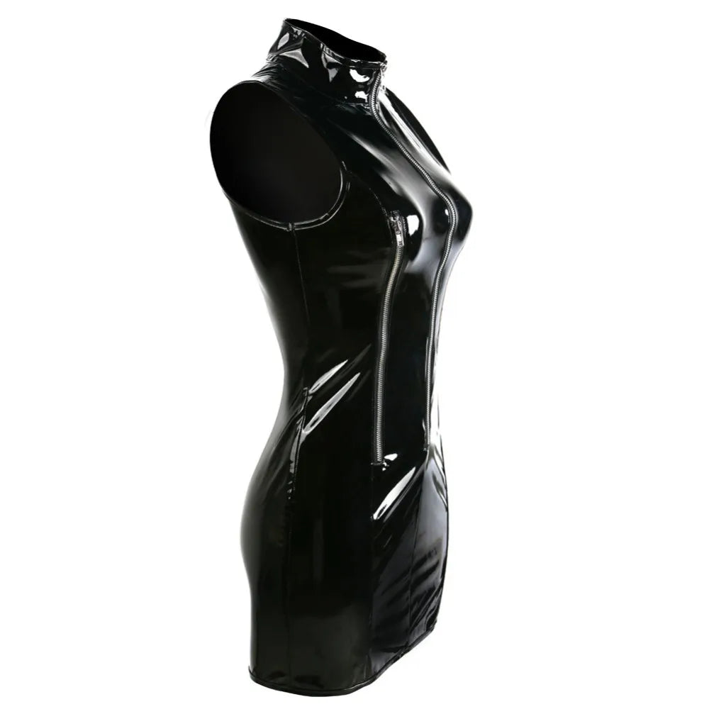 Black Punk Zipper Slim PVC Patent Leather Bodycon Dress for Women