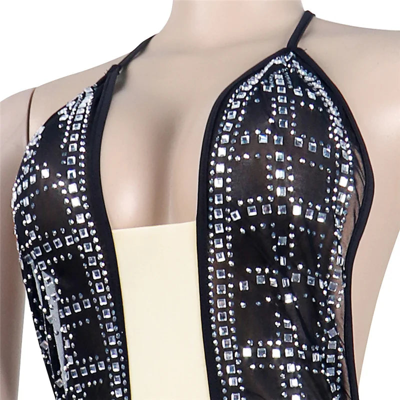 Rhinestone Halter Backless Bodycon Dress for Women