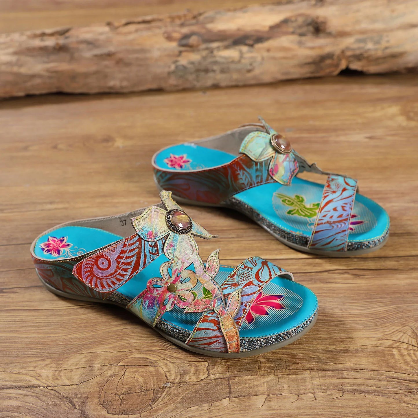 Hand Painted Genuine Leather Outdoor Summer Slides for Women