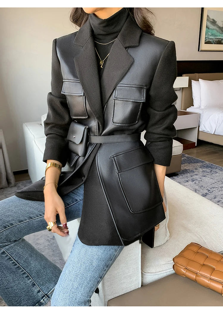 Black Patchwork Faux Leather Jacket With Pockets For Women