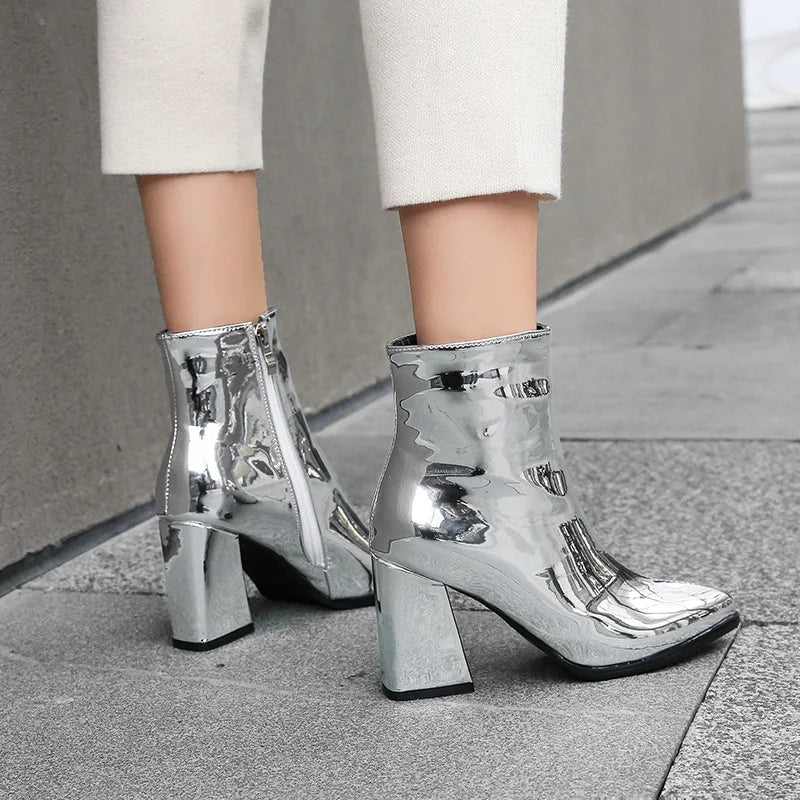 Metallic Silver Pointed Ankle Boots
