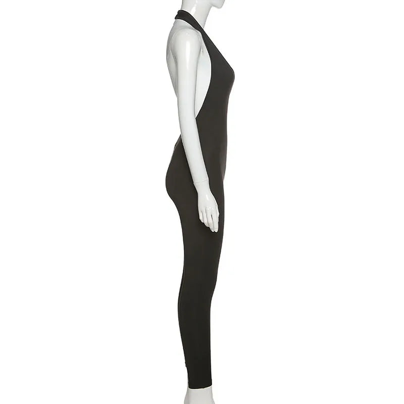 Halter V Neck Sleeveless Bodycon Jumpsuit for Women