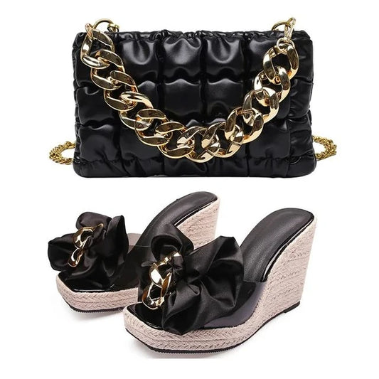2025 New Style Designer Luxury Ladies Slippers Shoes Bag Set High Quality Women Pumps Chain Sandals Shoes Purse Set