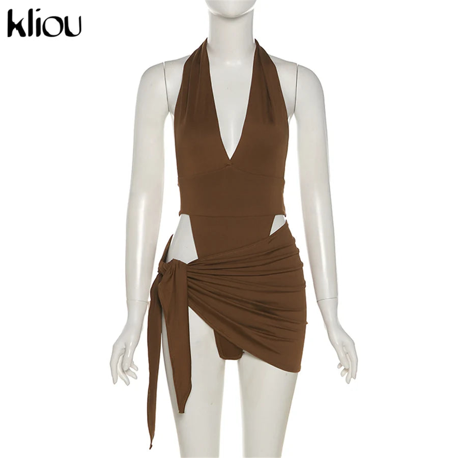 Deep V Neck Backless Halter Two Piece Skirt Set for Women