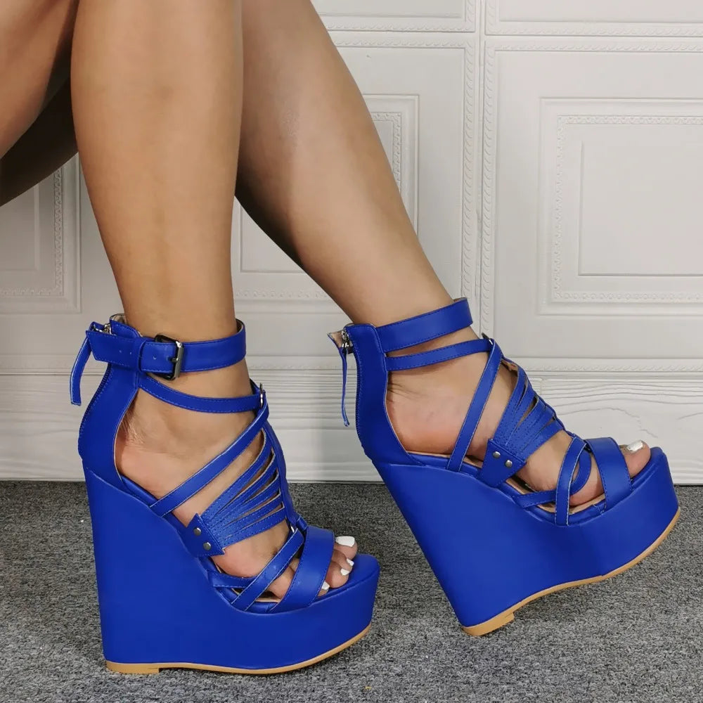 Blue Leather Open Toe Platform Wedge Sandals for Women