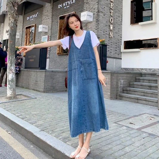 Fashion Women Denim Suspender Dress Loose V-Neck Sleeveless Suspender Dress Female Short Sleeve T-Shirt+Jeans Dresses Sets