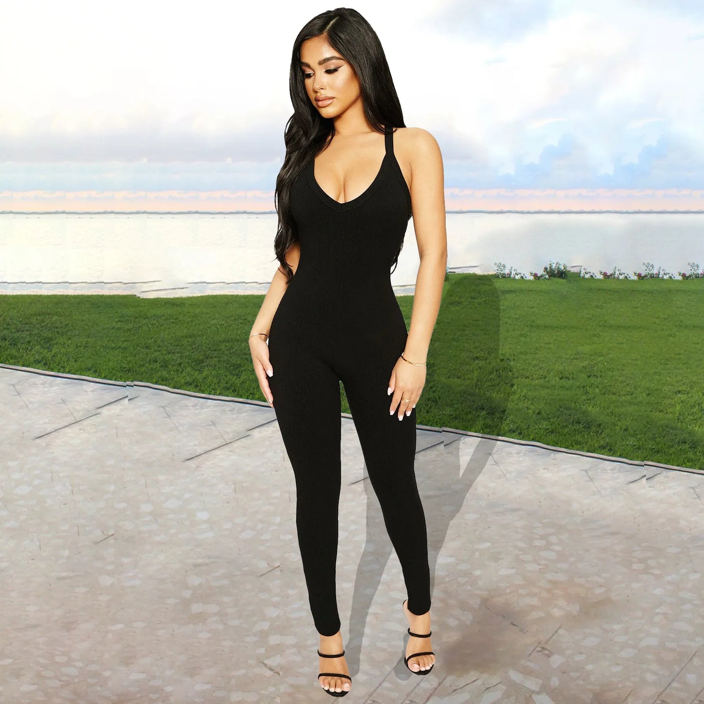 Sleeveless V Neck Criss Cross Back Jumpsuit For Women