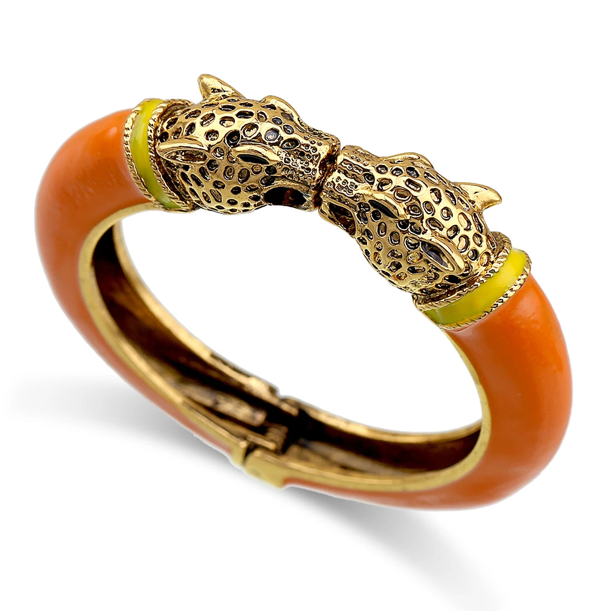 Double Leopard Head Enamel Cuff Bracelet for Women