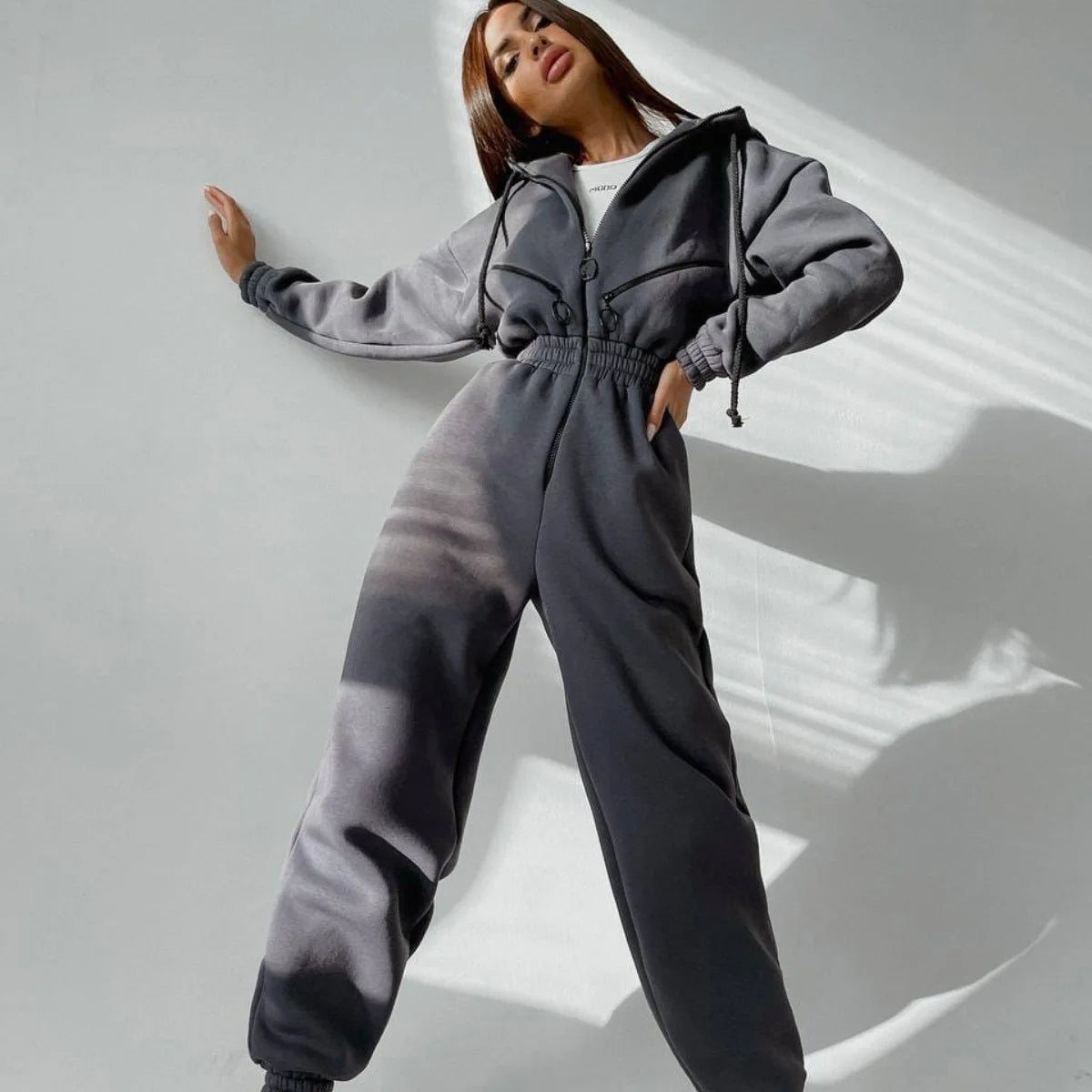 Casual Long Sleeve Hooded Jumpsuit With Pockets for Women