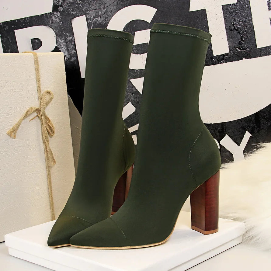 Pointed Toe Elastic High Heel Ankle Boots for Women