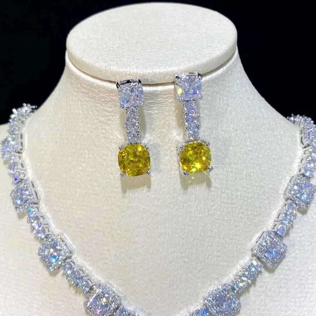 Square Rhinestone Bright Yellow Green Drop Earring Necklace Set For Women