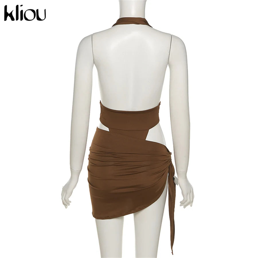 Deep V Neck Backless Halter Two Piece Skirt Set for Women