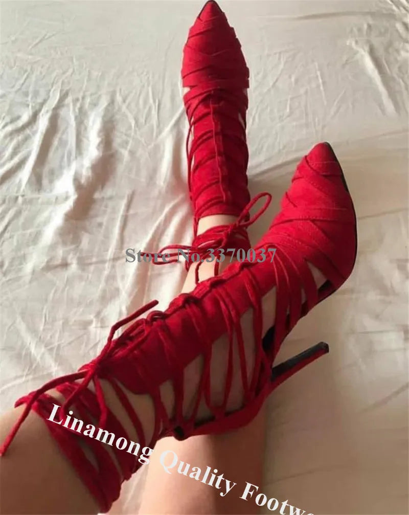 Pointed Toe Suede Lace Up High Heel Dress Pumps For Women