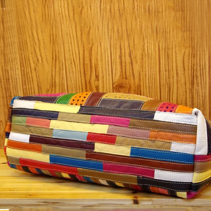 Patchwork Genuine Leather Shoulder Tote Bag for Women