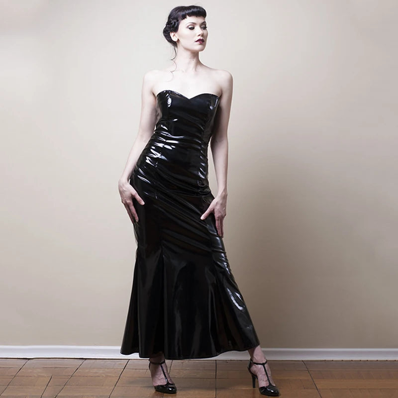 Strapless Black Mermaid Faux Leather Evening Gown for Women