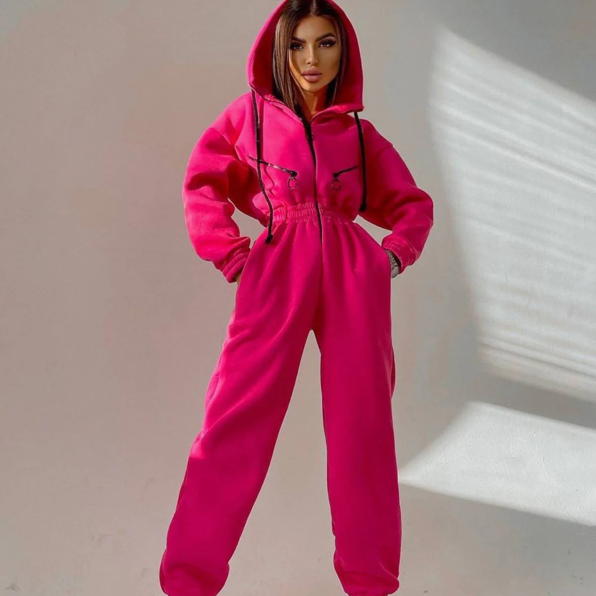 Casual Long Sleeve Hooded Jumpsuit With Pockets for Women