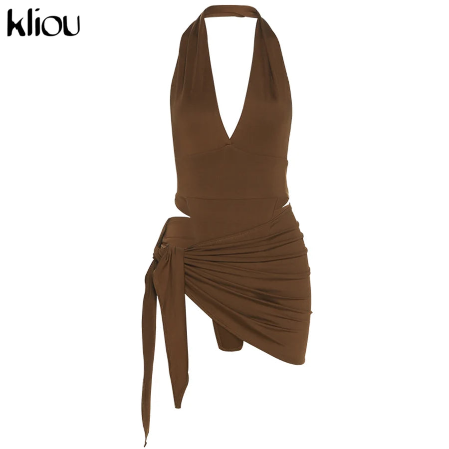 Deep V Neck Backless Halter Two Piece Skirt Set for Women