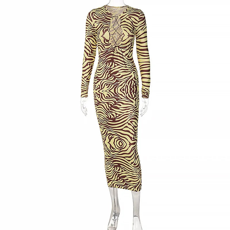 Zebra Print Hollow Out Bodycon Midi Dress for Women