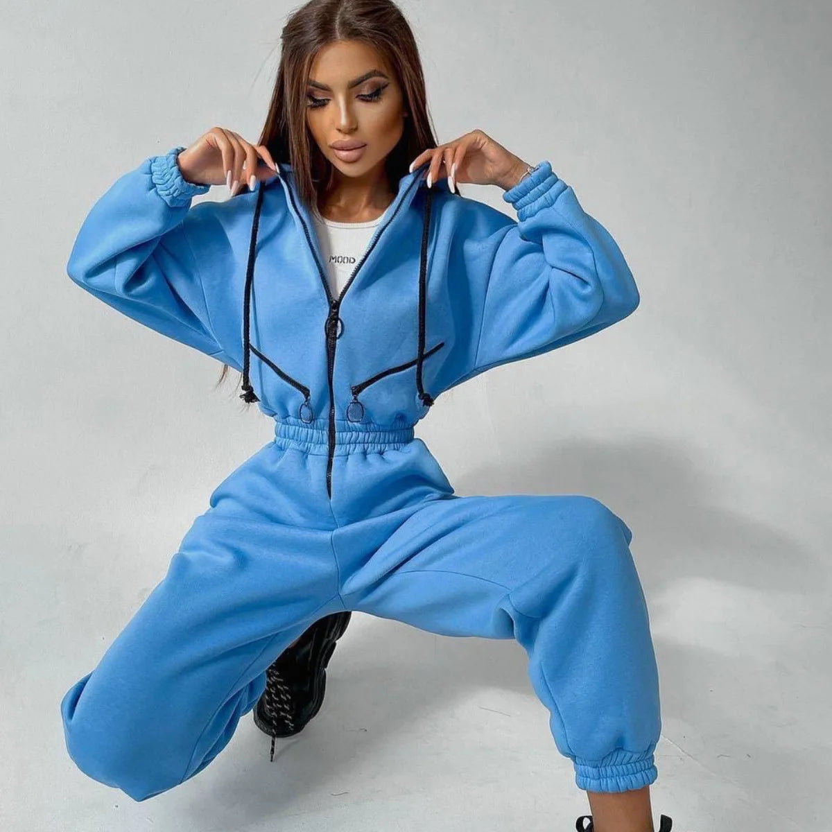 Casual Long Sleeve Hooded Jumpsuit With Pockets for Women
