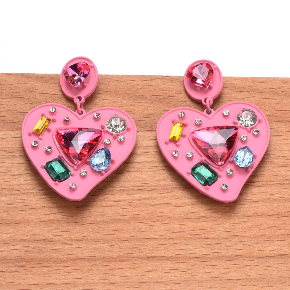 Pink Enamel Heart Shaped Crystal Drop Earrings for Women
