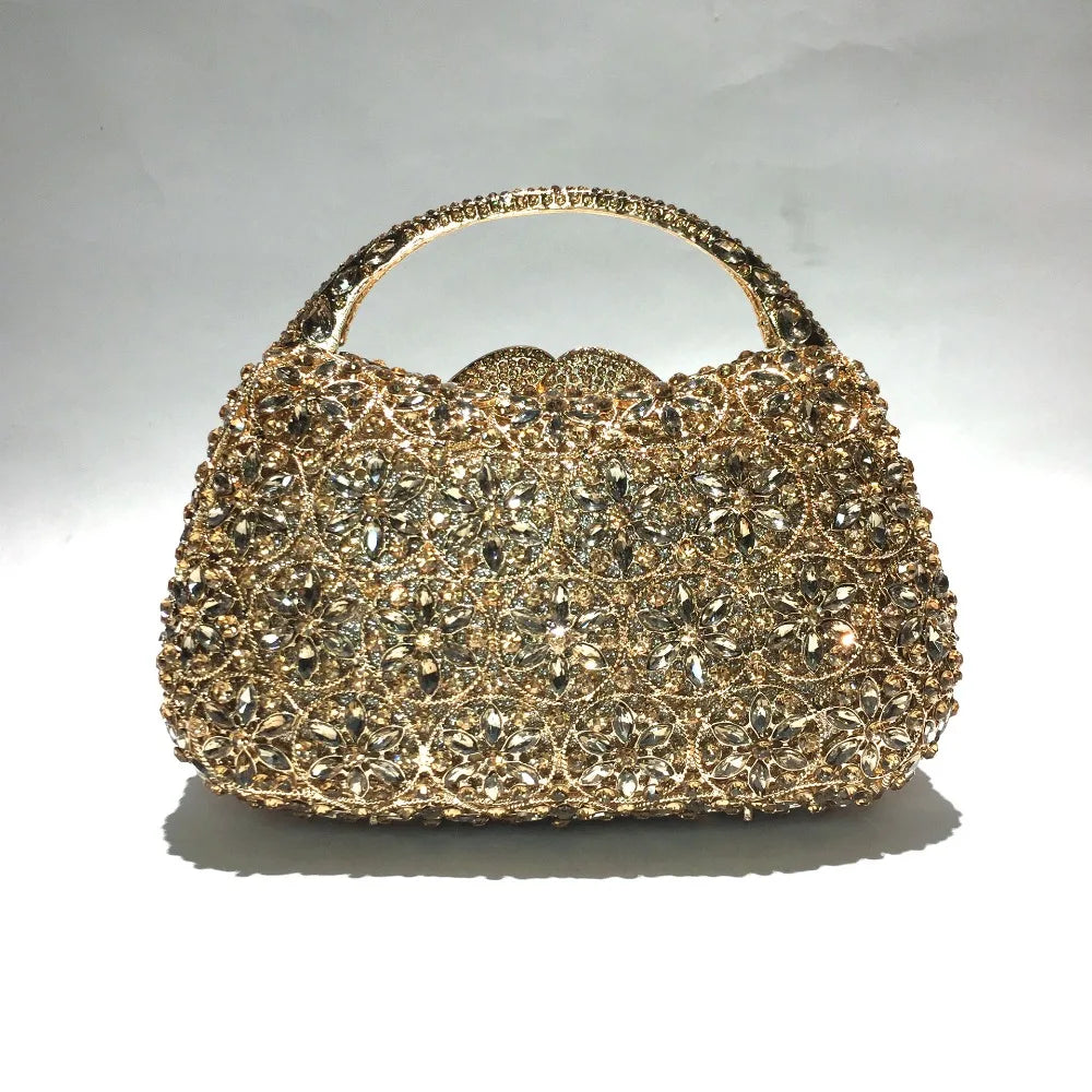Women Champagne/Blue Color Stone Evening Bags Purses and Handbags Wedding Party Dinner Crystal Flower Clutch Bags Minaudiere Bag