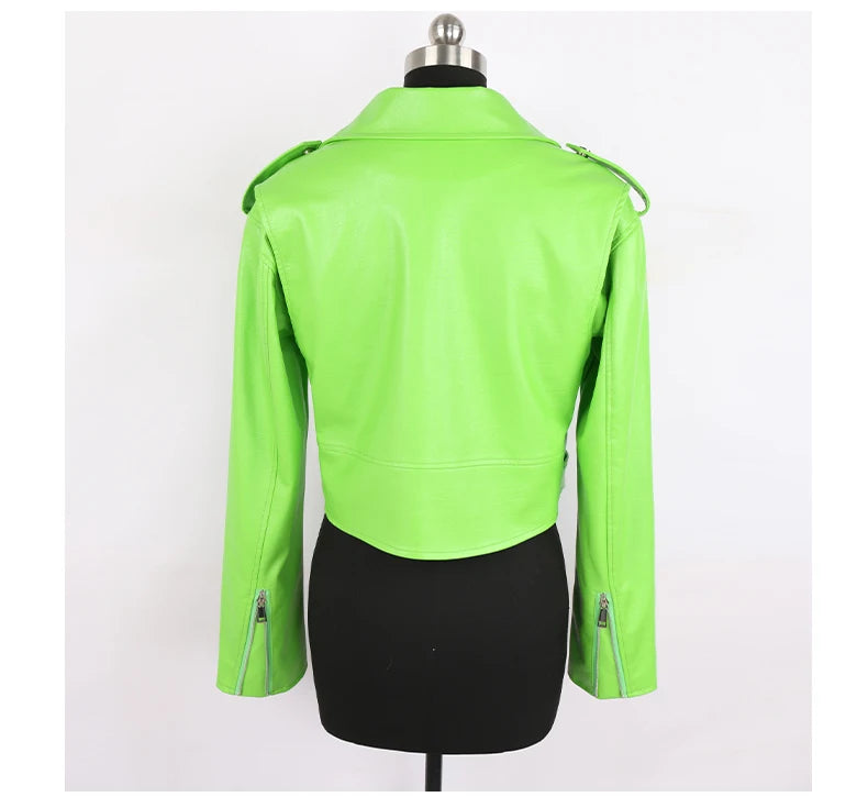 Faux Leather Short Biker Jacket with Zipper and Epaulets for Women