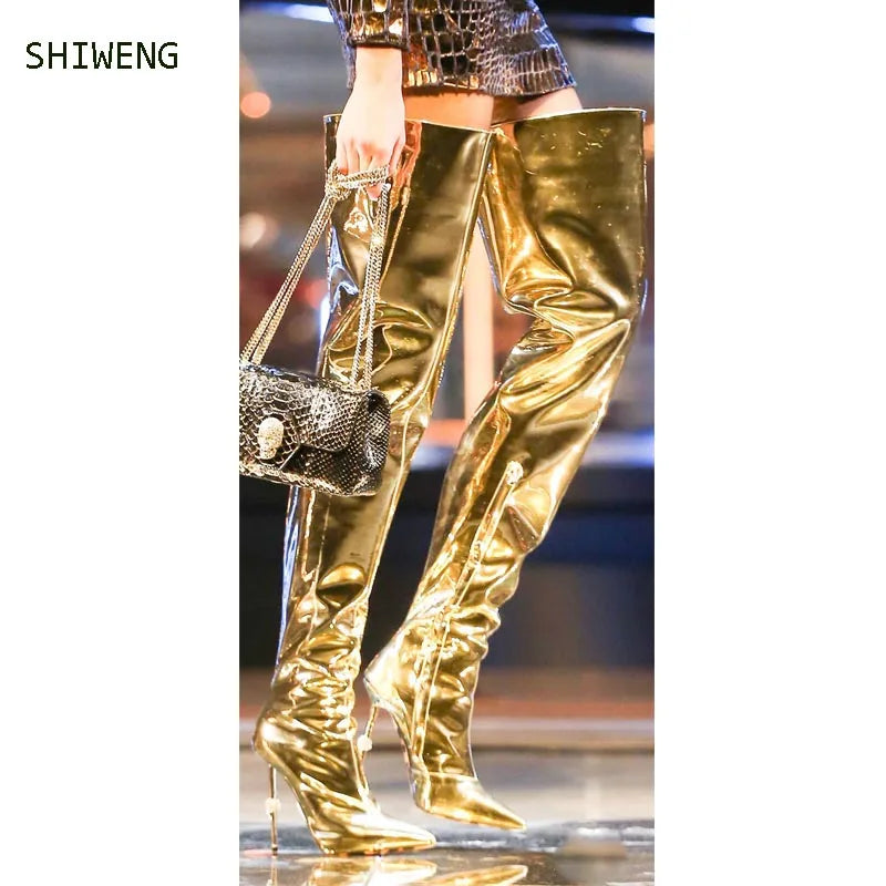 Gold Patent leather Over The knee Boots Sexy Metal Heel Stiletto  Women Thigh High Crotch Boots Pointed Toe High Heel Shoe 35-44