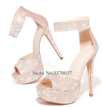 Crystal Rhinestone Peep Toe Platform Stiletto Pumps For Women