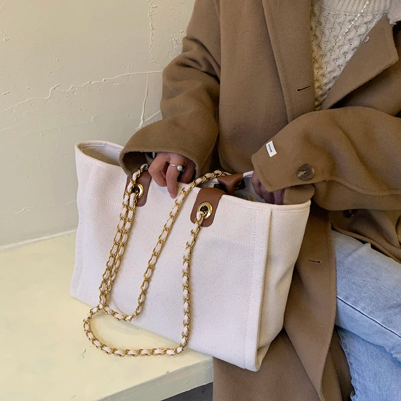 New Women Tote Bag Fashion Canvas Large Handbag Chains Genuine Leather Shoulder Bags Ladies Big Messenger Bag Shopping Bag