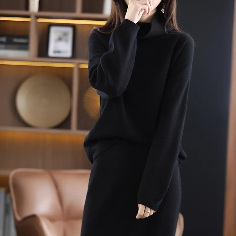 Wool Cashmere Knit Sweater and Skirt Two Piece Set for Women