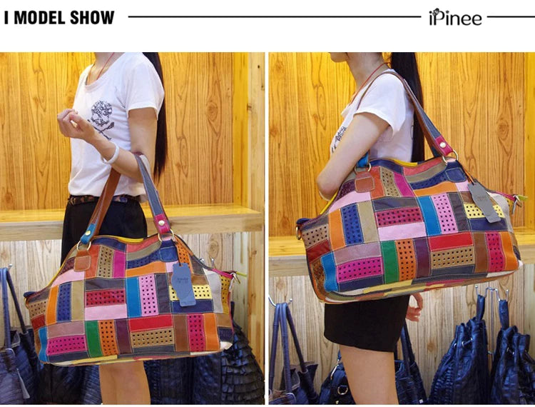 Patchwork Genuine Leather Shoulder Tote Bag for Women