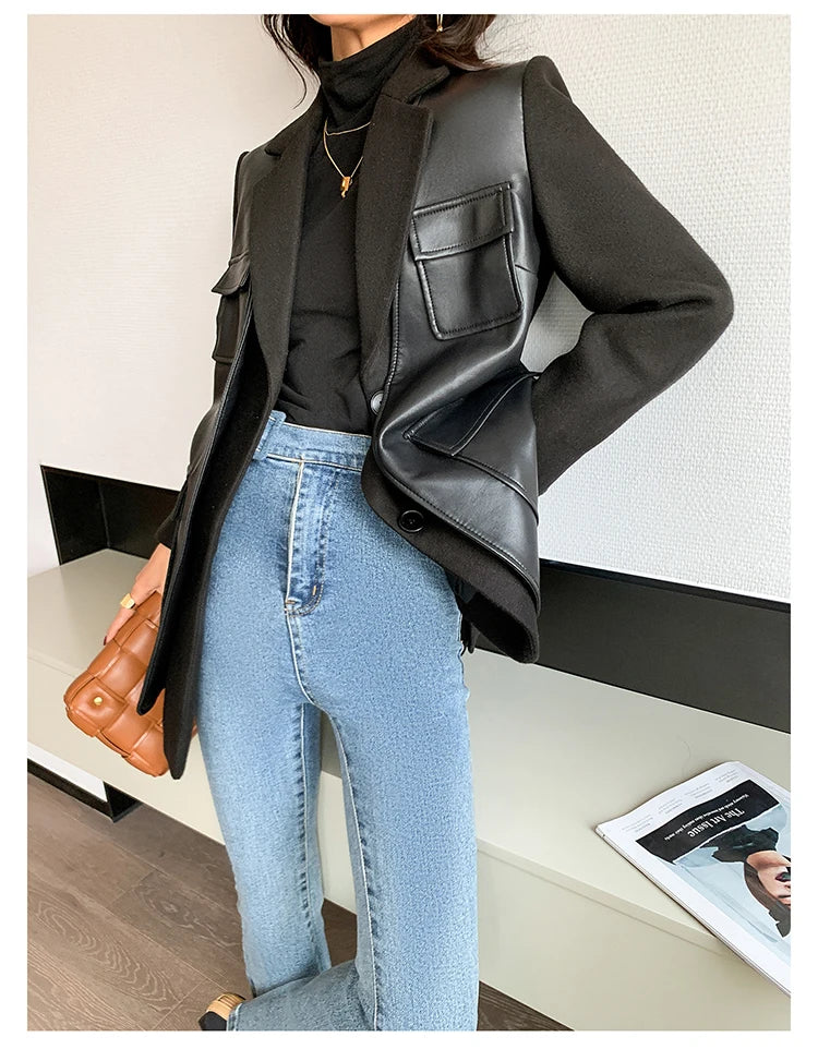 Black Patchwork Faux Leather Jacket With Pockets For Women