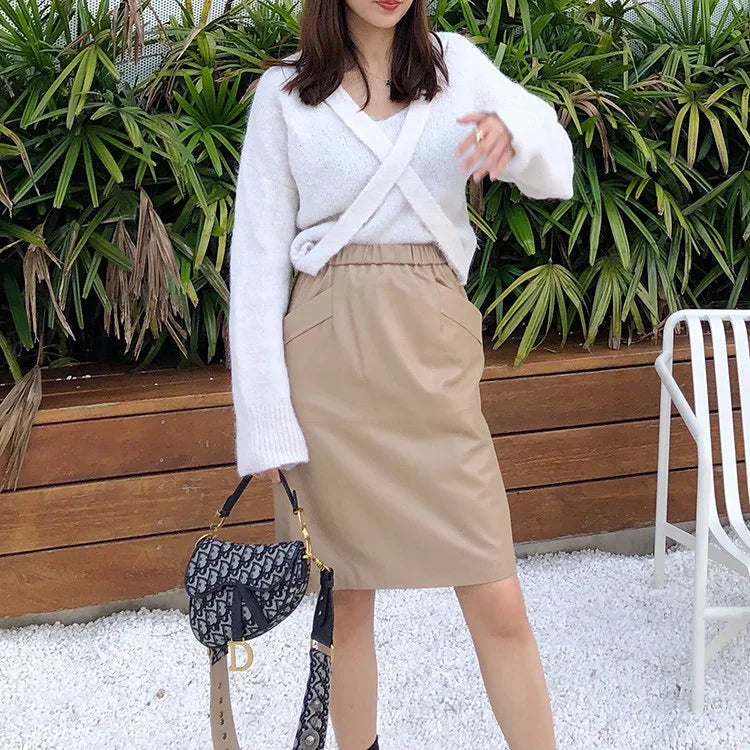 Leather Skirt Women With Pockets Midi Skirts Womens 2025 New Genuine Black And Green Sheepskin Leather Pencil Skirt Hgh Waist