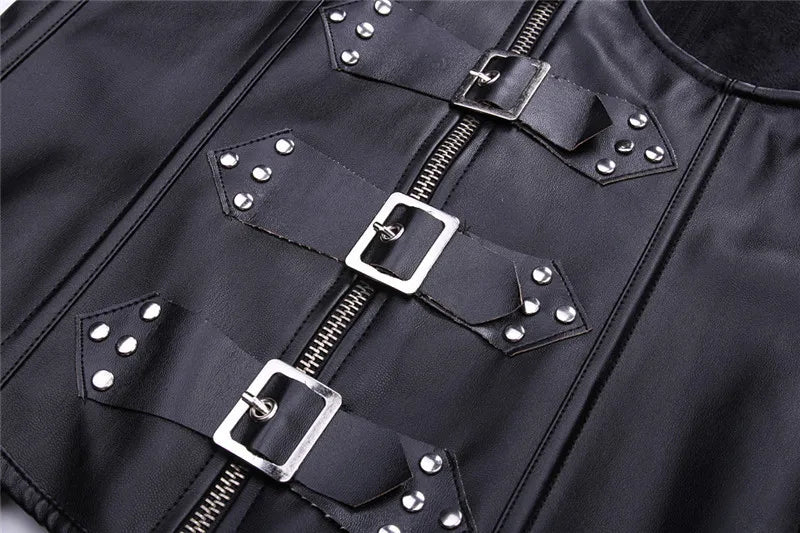 Gothic Halter Underbust Steampunk Black Faux Leather Corset for Women
