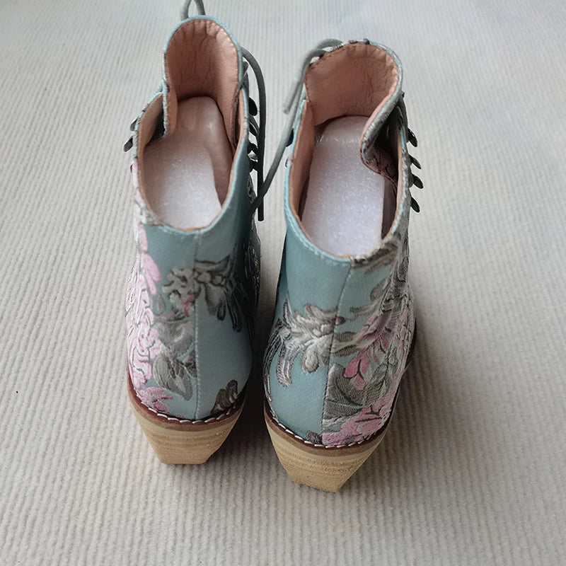 Blue Embroidered Flower Chinese Style Ankle Boots For Women