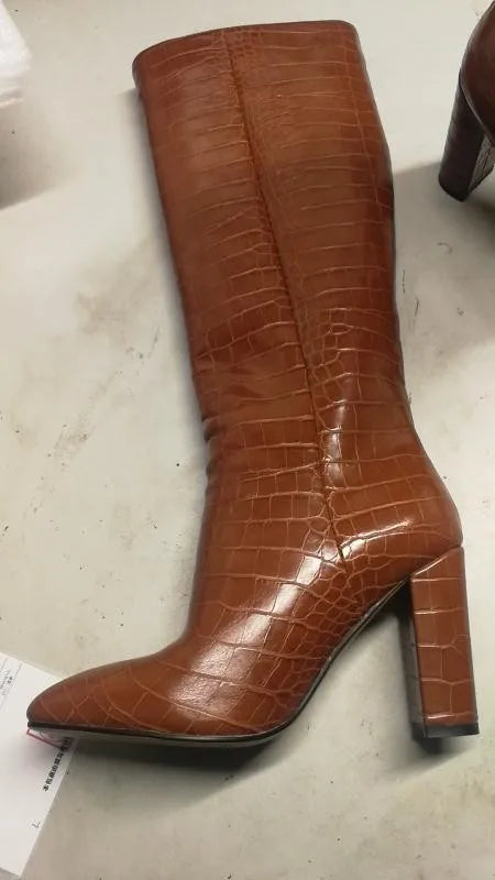 Pointed Toe Slip On Leather Knee High Boots for Women