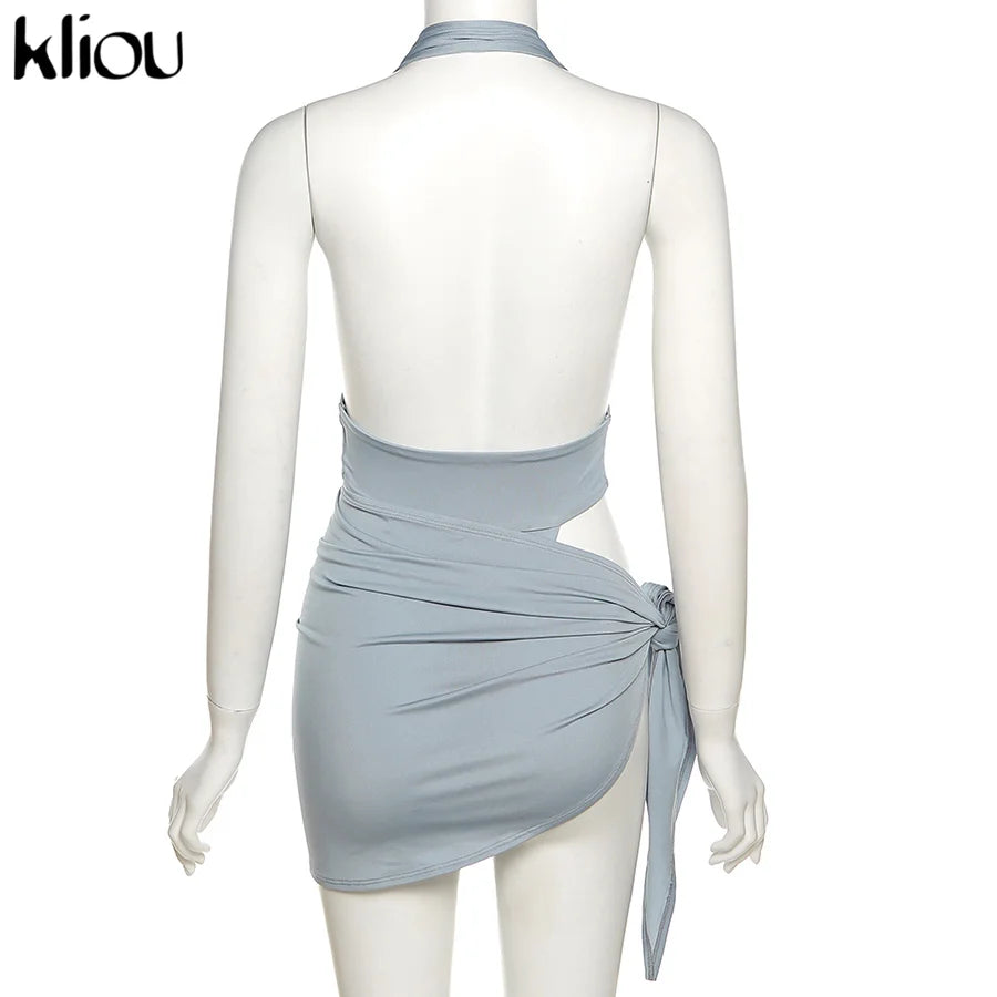 Deep V Neck Backless Halter Two Piece Skirt Set for Women