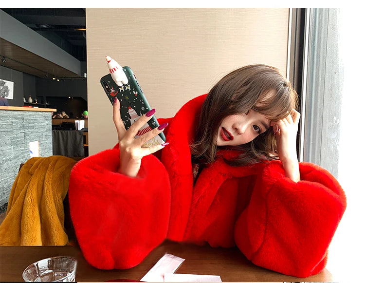 Soft Warm Fluffy Oversized Red Raglan Long Faux Fur Coat for Women
