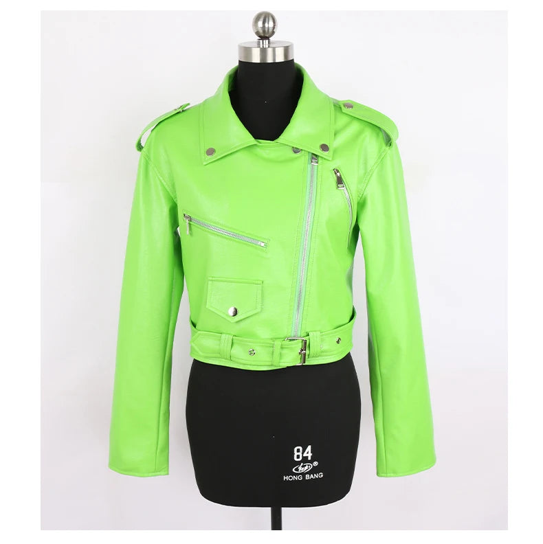 Faux Leather Short Biker Jacket with Zipper and Epaulets for Women