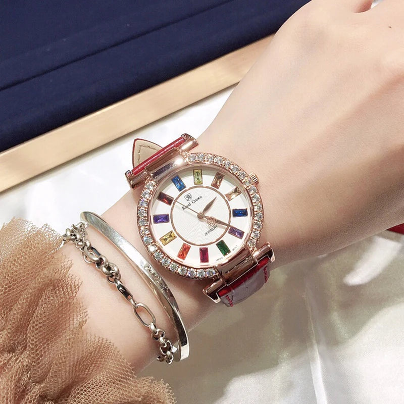 Prong Setting Luxury Clock Lady Women's Watch Fashion Hours Bracelet Colorful Rhinestone Girl Birthday Gift Royal Crown Box