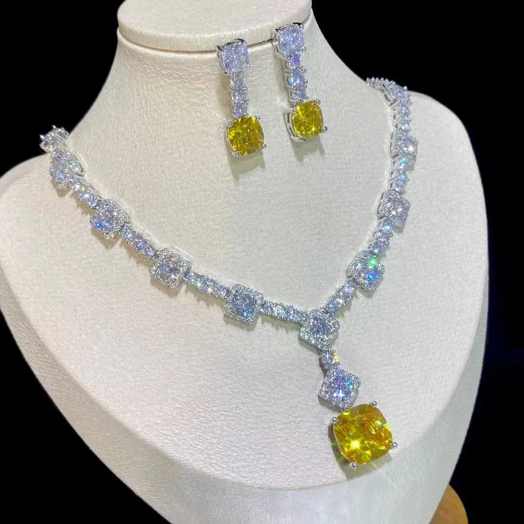 Square Rhinestone Bright Yellow Green Drop Earring Necklace Set For Women