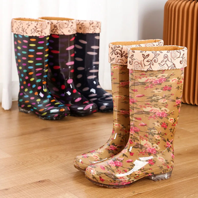 Warm Floral Platform Rain Boots