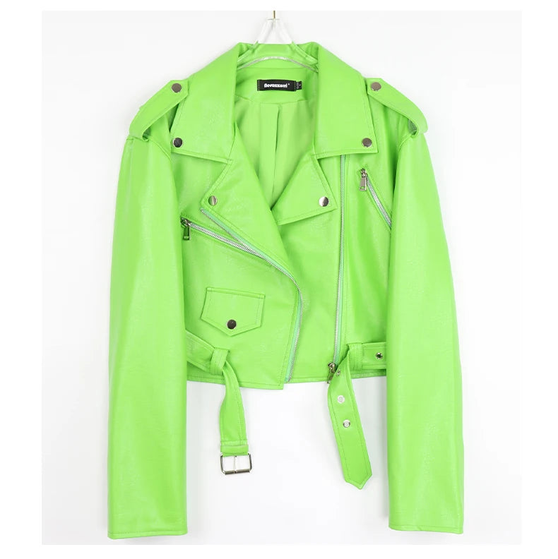 Faux Leather Short Biker Jacket with Zipper and Epaulets for Women