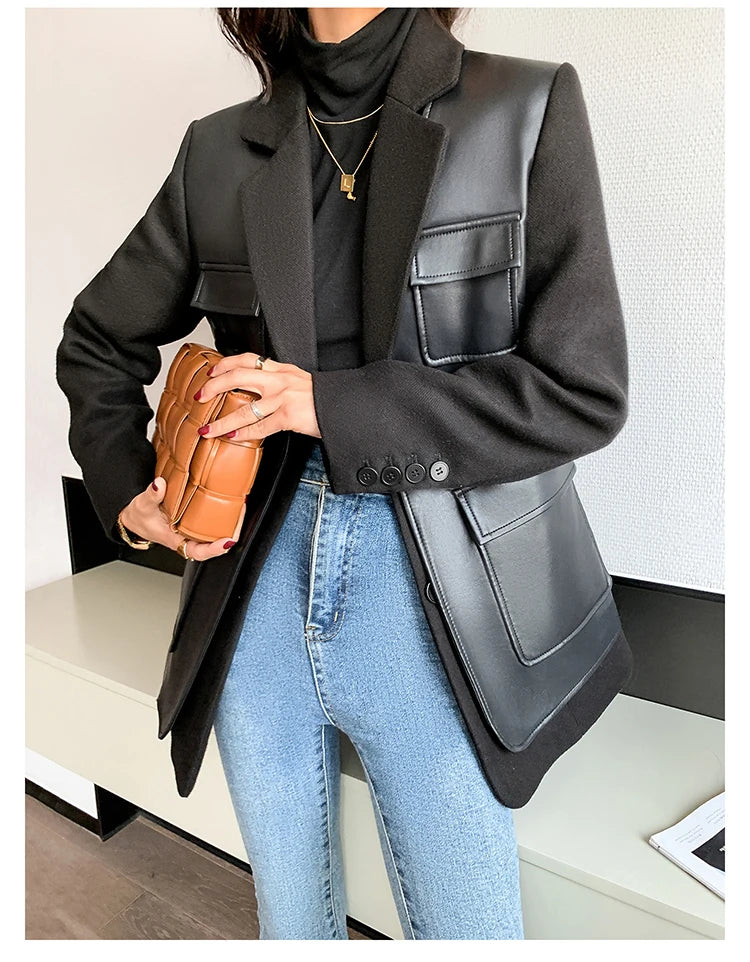 Black Patchwork Faux Leather Jacket With Pockets For Women